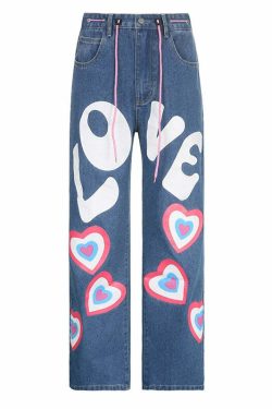 Y2K Indie Girl Heart Baggy Jeans - Retro 90s Grunge, Summer Y2K Outfits, Pastel Goth Style