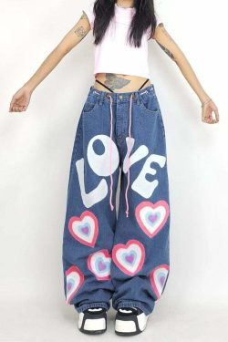 Y2K Indie Girl Heart Baggy Jeans - Retro 90s Grunge, Summer Y2K Outfits, Pastel Goth Style