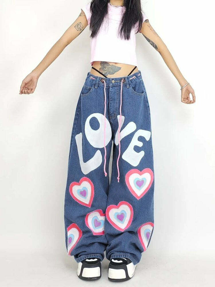 Y2K Indie Girl Heart Baggy Jeans - Retro 90s Grunge, Summer Y2K Outfits, Pastel Goth Style