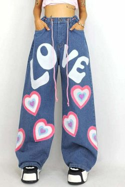 Y2K Indie Girl Heart Baggy Jeans - Retro 90s Grunge, Summer Y2K Outfits, Pastel Goth Style