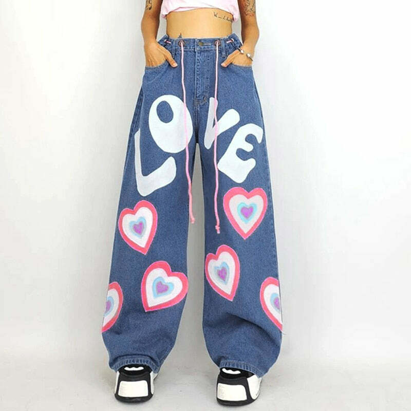 Y2K Indie Girl Heart Baggy Jeans - Retro 90s Grunge, Summer Y2K Outfits, Pastel Goth Style
