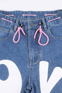 Y2K Indie Girl Heart Baggy Jeans - Retro 90s Grunge, Summer Y2K Outfits, Pastel Goth Style