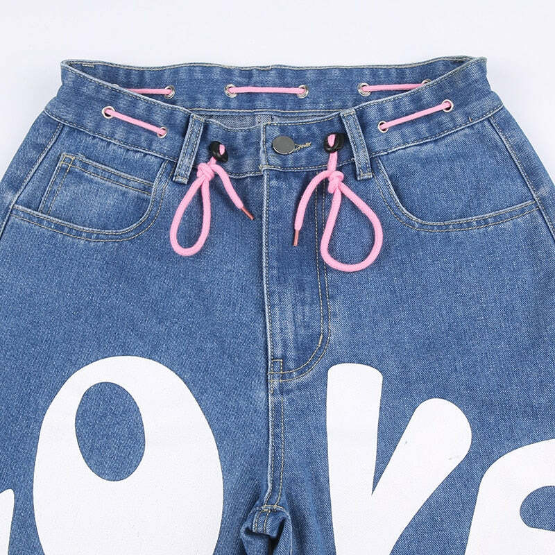 Y2K Indie Girl Heart Baggy Jeans - Retro 90s Grunge, Summer Y2K Outfits, Pastel Goth Style