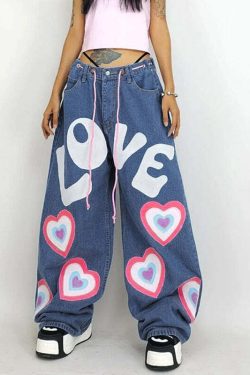 Y2K Indie Girl Heart Baggy Jeans - Retro 90s Grunge, Summer Y2K Outfits, Pastel Goth Style
