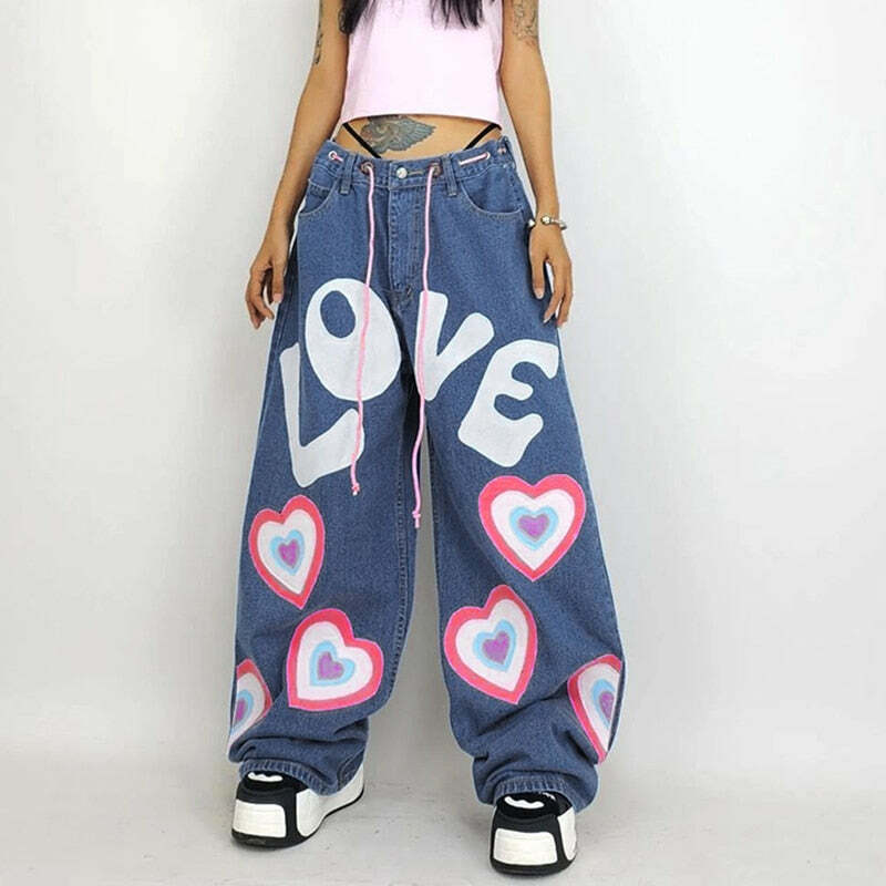 Y2K Indie Girl Heart Baggy Jeans - Retro 90s Grunge, Summer Y2K Outfits, Pastel Goth Style