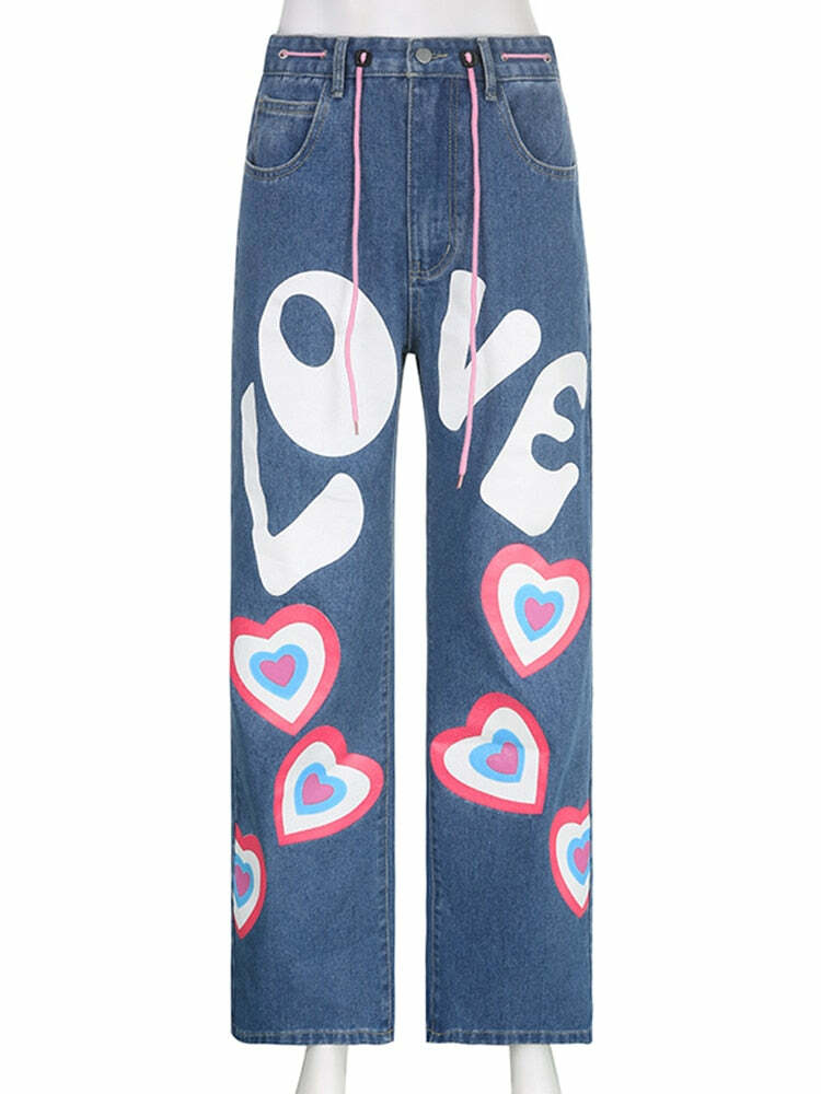 Y2K Indie Girl Heart Baggy Jeans - Retro 90s Grunge, Summer Y2K Outfits, Pastel Goth Style