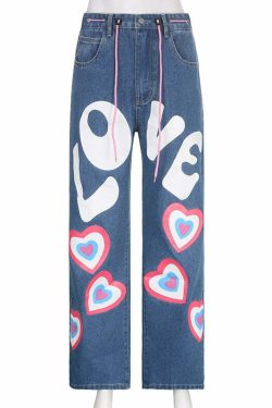 Y2K Indie Girl Heart Baggy Jeans - Retro 90s Grunge, Summer Y2K Outfits, Pastel Goth Style
