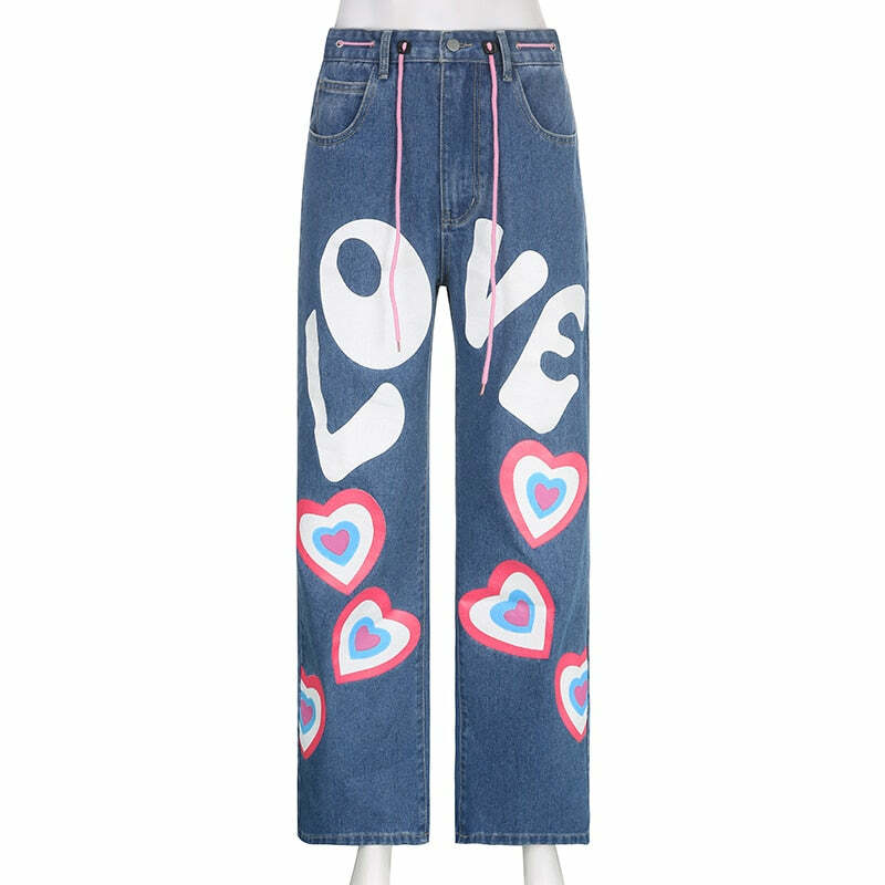 Y2K Indie Girl Heart Baggy Jeans - Retro 90s Grunge, Summer Y2K Outfits, Pastel Goth Style