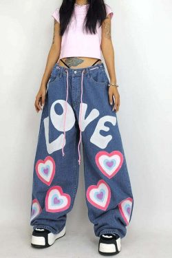 Y2K Indie Girl Heart Baggy Jeans - Retro 90s Grunge, Summer Y2K Outfits, Pastel Goth Style