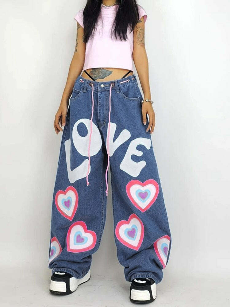 Y2K Indie Girl Heart Baggy Jeans - Retro 90s Grunge, Summer Y2K Outfits, Pastel Goth Style