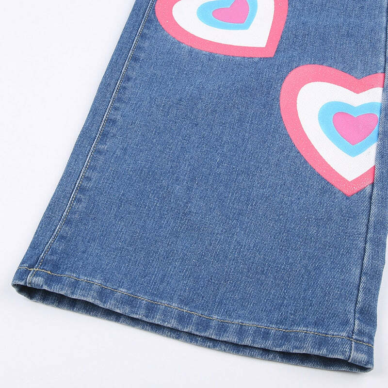 Y2K Indie Girl Heart Baggy Jeans - Retro 90s Grunge, Summer Y2K Outfits, Pastel Goth Style