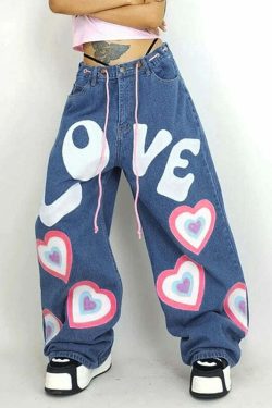 Y2K Indie Girl Heart Baggy Jeans - Retro 90s Grunge, Summer Y2K Outfits, Pastel Goth Style