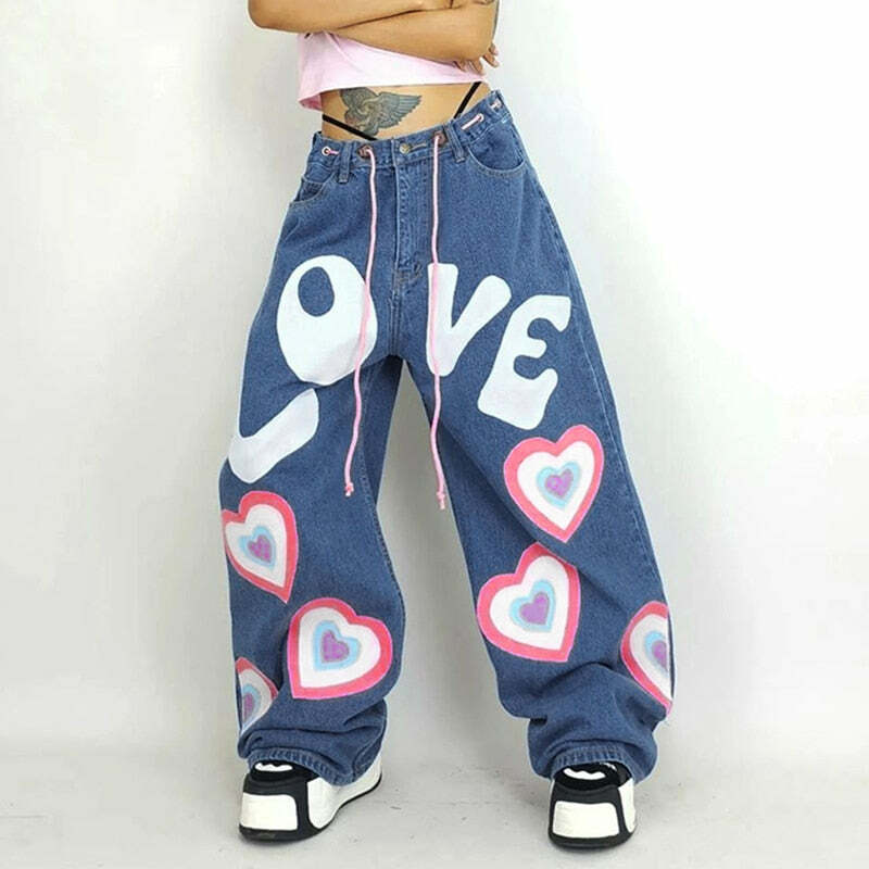 Y2K Indie Girl Heart Baggy Jeans - Retro 90s Grunge, Summer Y2K Outfits, Pastel Goth Style