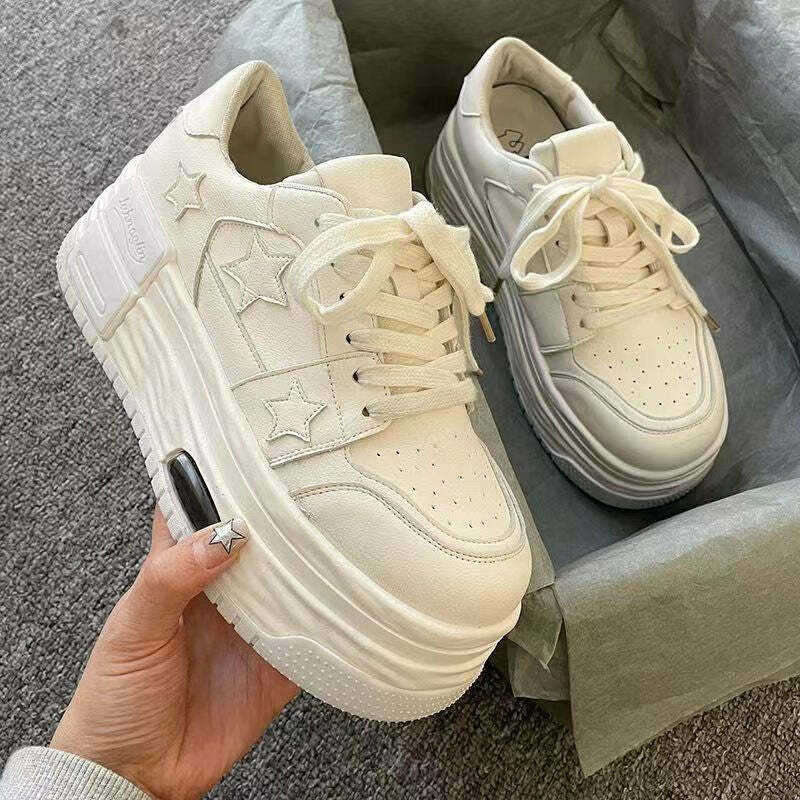 Y2K K-Pop Star Platform Sneakers - White | 90s Grunge, Retro, Summer, Party, Club Outfits