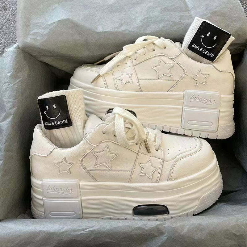 Y2K K-Pop Star Platform Sneakers - White | 90s Grunge, Retro, Summer, Party, Club Outfits