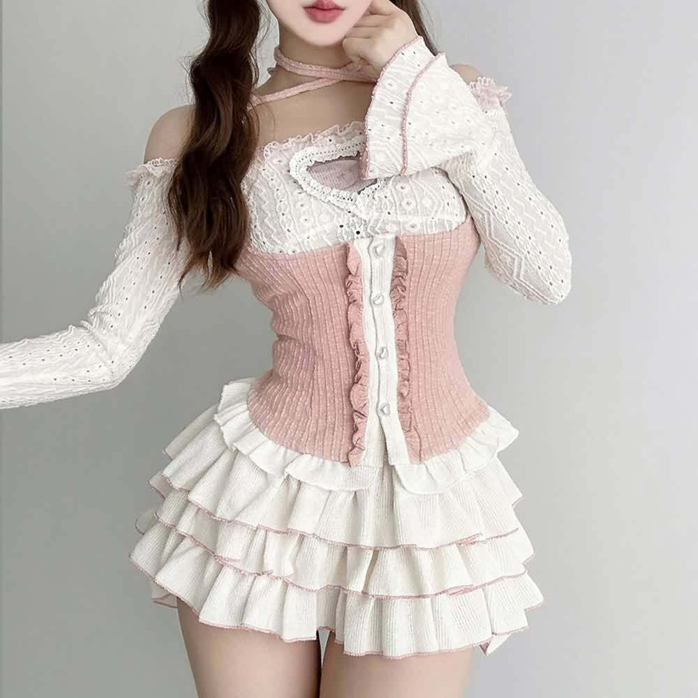 Y2K Kawaii Goth Coquette Top & Mini Skirt Set - Retro 90s Grunge Summer Outfit