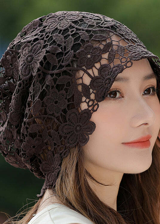 Y2K Khaki Floral Lace Hollow Out Hat - Retro 90s Grunge, Pastel Goth, Summer Y2K Fashion