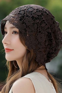 Y2K Khaki Floral Lace Hollow Out Hat - Retro 90s Grunge, Pastel Goth, Summer Y2K Fashion
