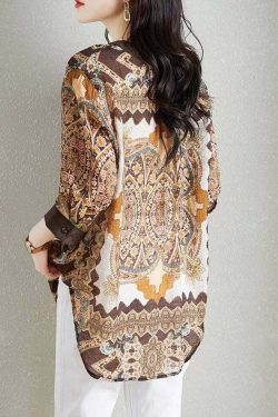 Y2K Khaki V Neck Print Patchwork Chiffon Shirt - Retro 90s Summer Grunge Top