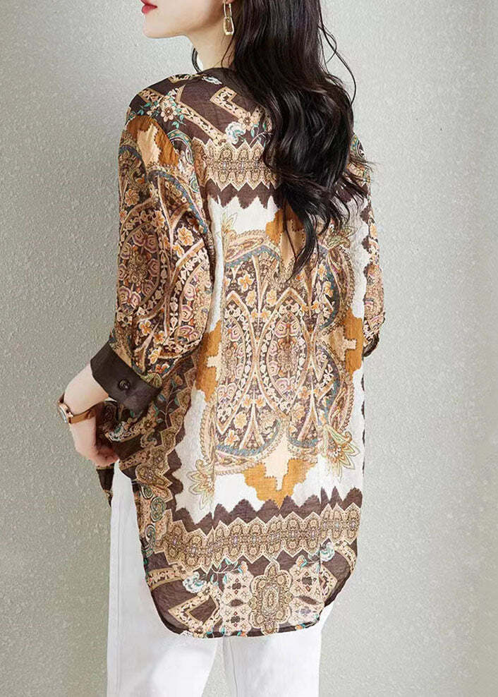 Y2K Khaki V Neck Print Patchwork Chiffon Shirt - Retro 90s Summer Grunge Top