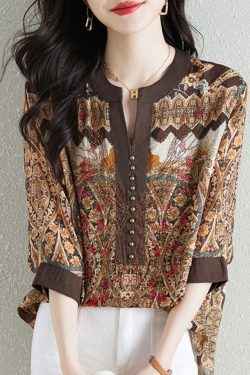 Y2K Khaki V Neck Print Patchwork Chiffon Shirt - Retro 90s Summer Grunge Top