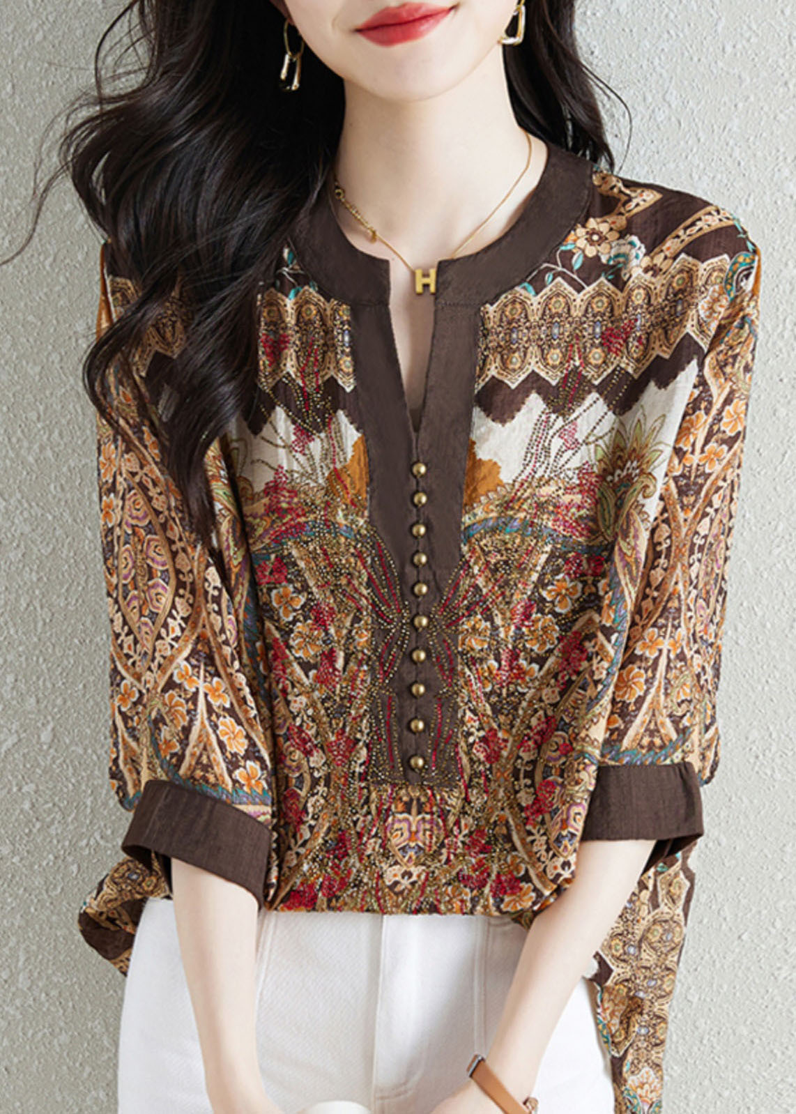 Y2K Khaki V Neck Print Patchwork Chiffon Shirt - Retro 90s Summer Grunge Top