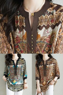 Y2K Khaki V Neck Print Patchwork Chiffon Shirt - Retro 90s Summer Grunge Top