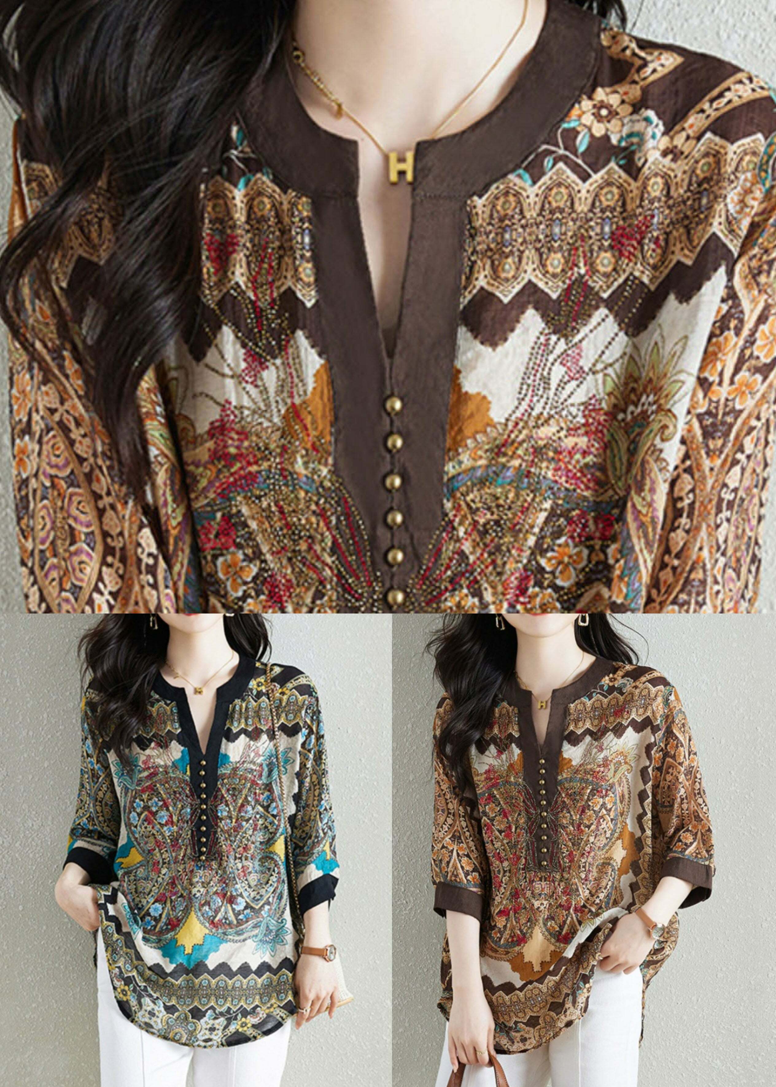 Y2K Khaki V Neck Print Patchwork Chiffon Shirt - Retro 90s Summer Grunge Top