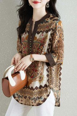 Y2K Khaki V Neck Print Patchwork Chiffon Shirt - Retro 90s Summer Grunge Top