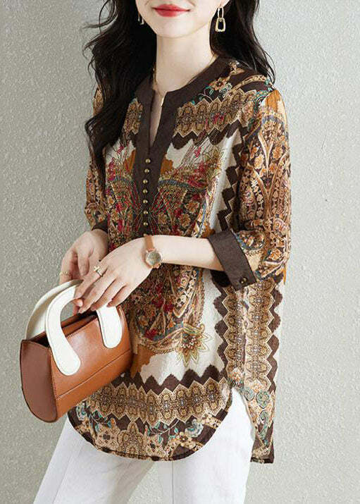 Y2K Khaki V Neck Print Patchwork Chiffon Shirt - Retro 90s Summer Grunge Top
