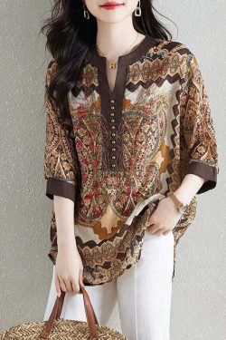 Y2K Khaki V Neck Print Patchwork Chiffon Shirt - Retro 90s Summer Grunge Top