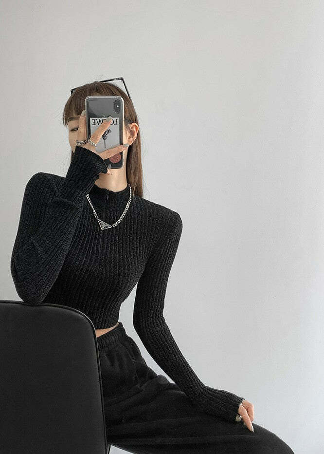 Y2K Knit Ribbed Crop Sweater - Retro 90s Grunge, Summer Y2K Outfits, Pastel Goth Style