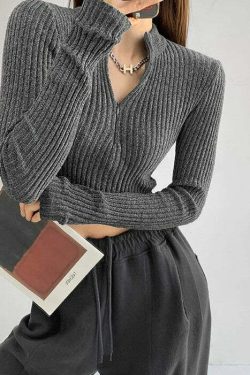 Y2K Knit Ribbed Crop Sweater - Retro 90s Grunge, Summer Y2K Outfits, Pastel Goth Style