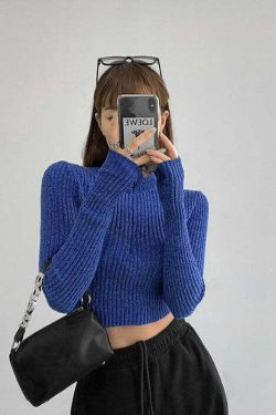Y2K Knit Ribbed Crop Sweater - Retro 90s Grunge, Summer Y2K Outfits, Pastel Goth Style