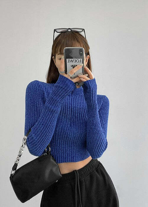 Y2K Knit Ribbed Crop Sweater - Retro 90s Grunge, Summer Y2K Outfits, Pastel Goth Style