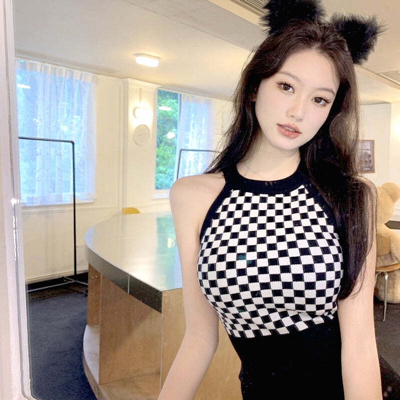 Y2K Knitted Halter Top Checker - Retro 90s Grunge, Summer Y2K Outfits, Pastel Goth Fashion