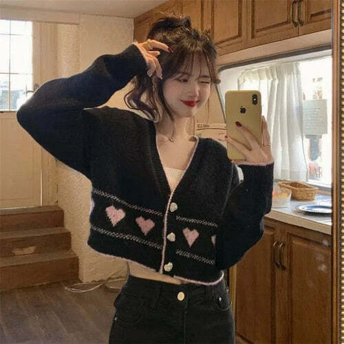 Y2K Korean Coquette Heart Cardigan - 90s Grunge, Retro Summer, Pastel Goth, Y2K Fashion