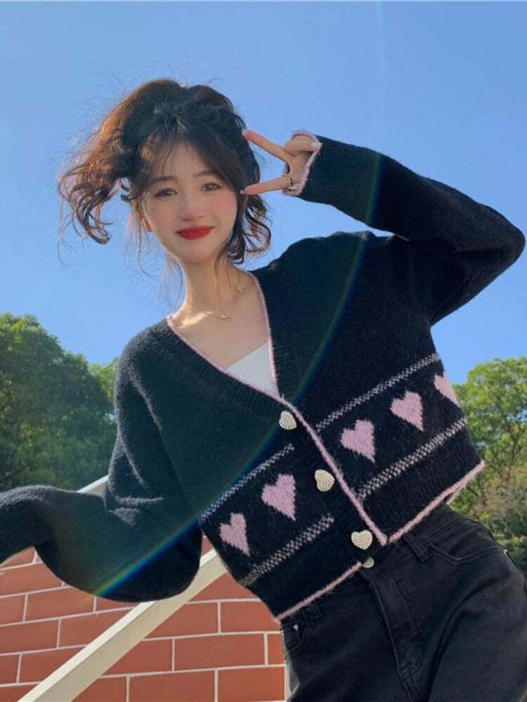 Y2K Korean Coquette Heart Cardigan - 90s Grunge, Retro Summer, Pastel Goth, Y2K Fashion