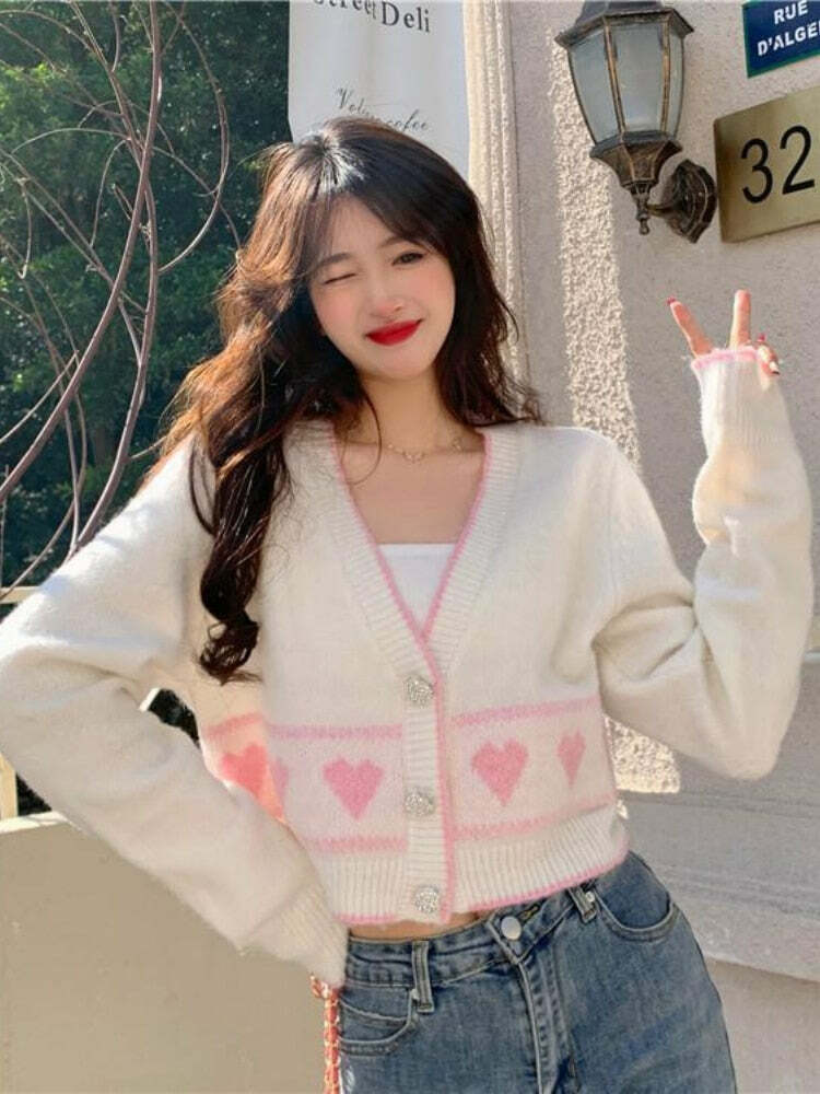 Y2K Korean Coquette Heart Cardigan - 90s Grunge, Retro Summer, Pastel Goth, Y2K Fashion