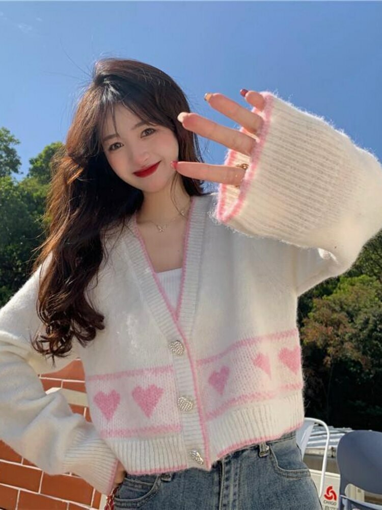 Y2K Korean Coquette Heart Cardigan - 90s Grunge, Retro Summer, Pastel Goth, Y2K Fashion