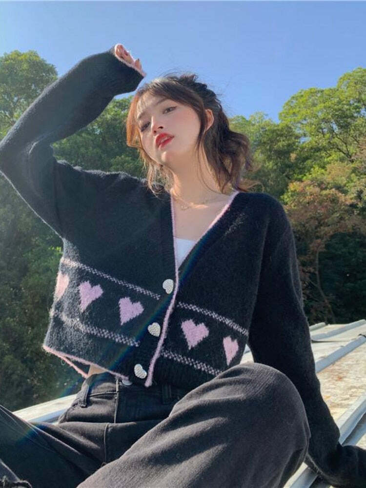 Y2K Korean Coquette Heart Cardigan - 90s Grunge, Retro Summer, Pastel Goth, Y2K Fashion