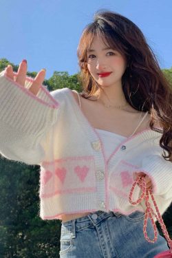 Y2K Korean Coquette Heart Cardigan - 90s Grunge, Retro Summer, Pastel Goth, Y2K Fashion
