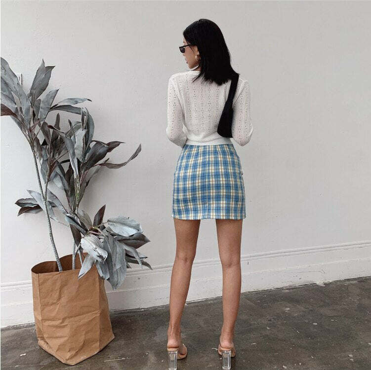 Y2K Korean Split Mini Plaid Skirt with Shorts - 90s Grunge Summer Outfit, Retro Y2K Fashion