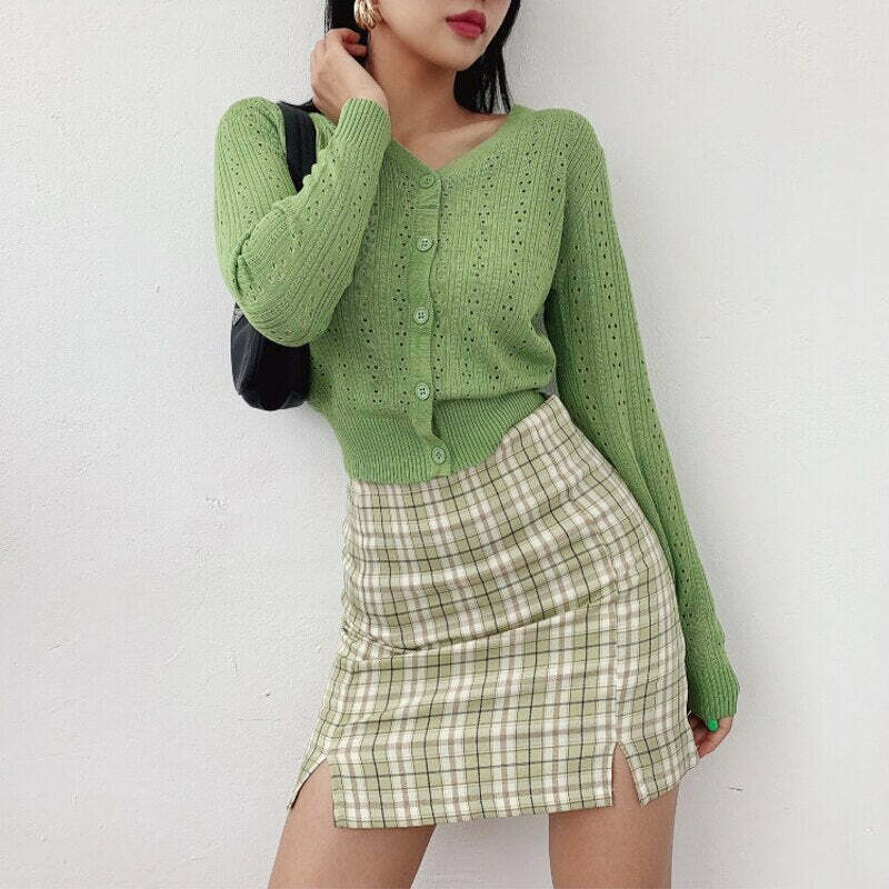 Y2K Korean Split Mini Plaid Skirt with Shorts - 90s Grunge Summer Outfit, Retro Y2K Fashion
