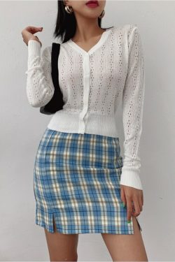 Y2K Korean Split Mini Plaid Skirt with Shorts - 90s Grunge Summer Outfit, Retro Y2K Fashion