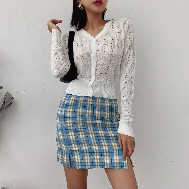 Y2K Korean Split Mini Plaid Skirt with Shorts - 90s Grunge Summer Outfit, Retro Y2K Fashion