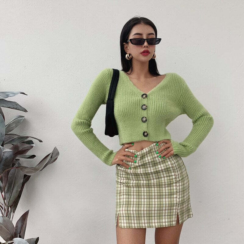 Y2K Korean Split Mini Plaid Skirt with Shorts - 90s Grunge Summer Outfit, Retro Y2K Fashion