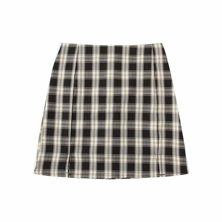 Y2K Korean Split Mini Plaid Skirt with Shorts - 90s Grunge Summer Outfit, Retro Y2K Fashion