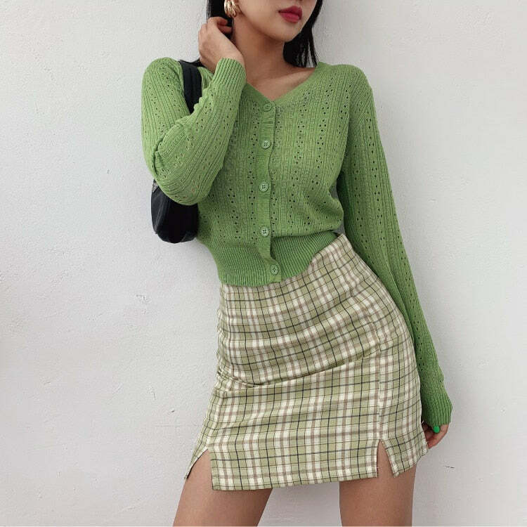 Y2K Korean Split Mini Plaid Skirt with Shorts - 90s Grunge Summer Outfit, Retro Y2K Fashion