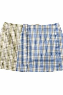Y2K Korean Split Mini Plaid Skirt with Shorts - 90s Grunge Summer Outfit, Retro Y2K Fashion